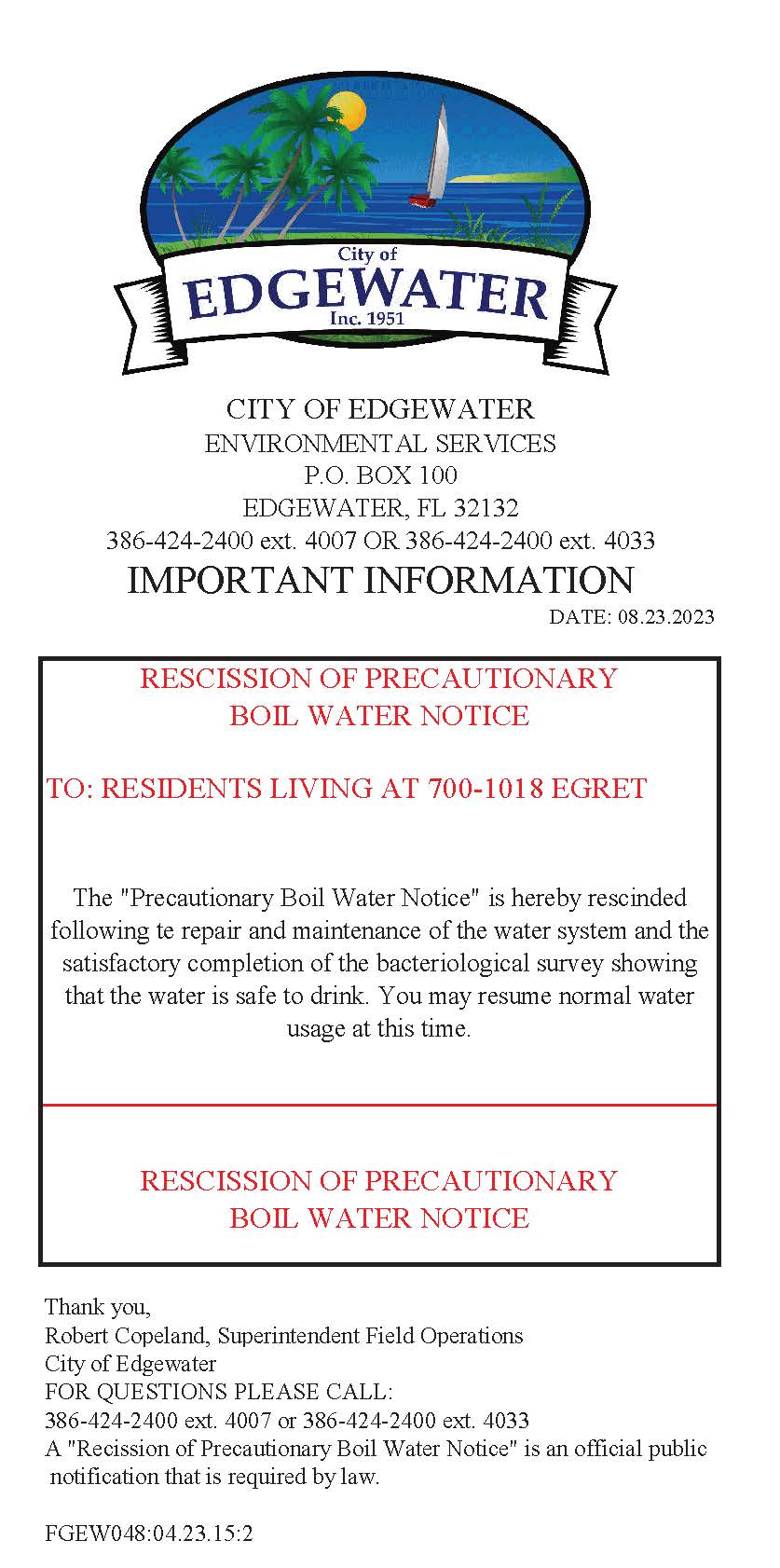 Rescission Of Precautionary Boil Water Notice-700 Egret Ct To 1018 ...