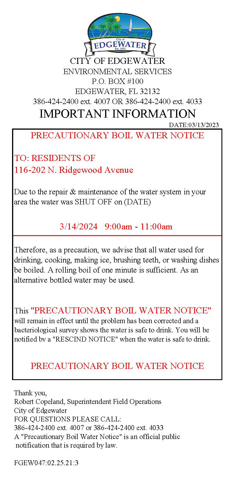 Precautionary Boil Water Notice 116-202 N Ridgewood Ave