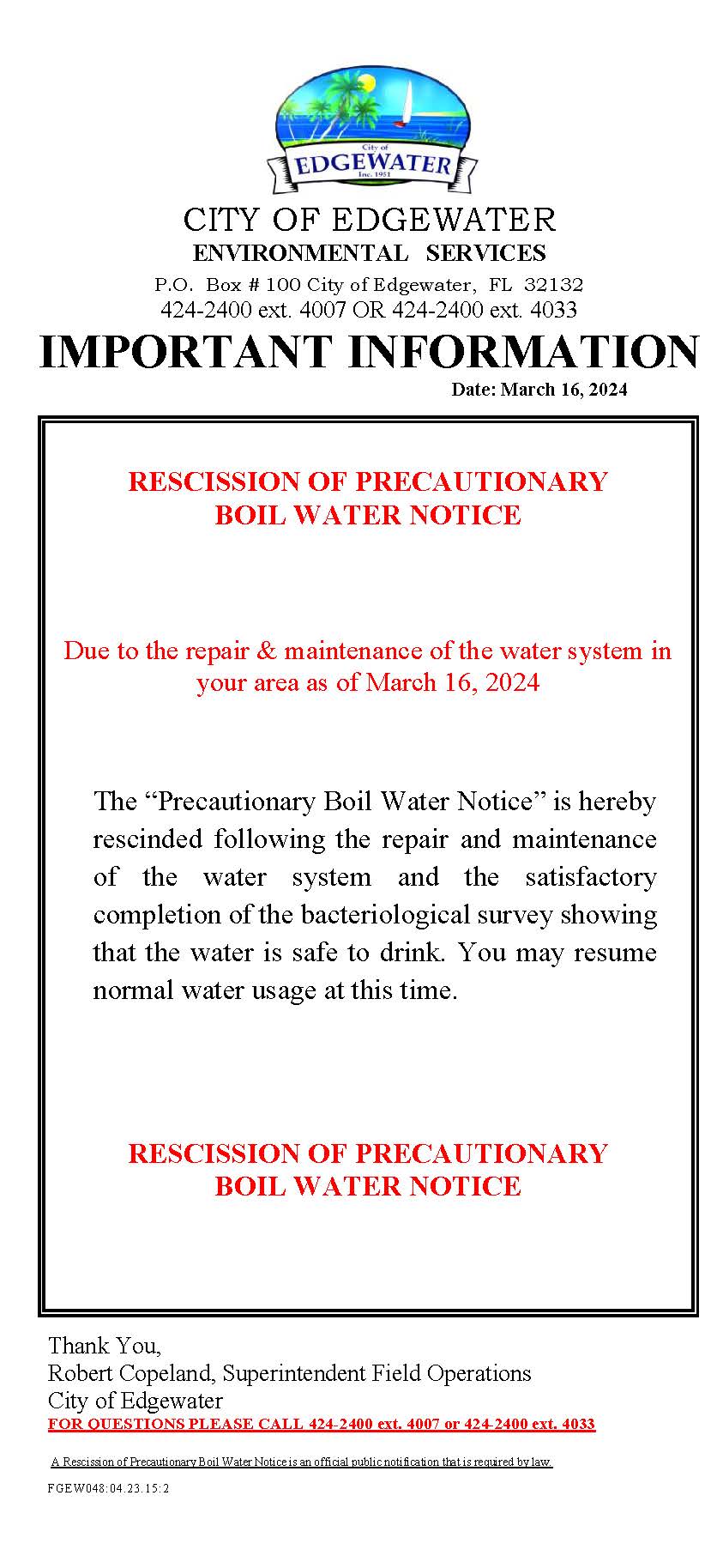 Rescission of Precautionary Boil Water Notice-116-202 North Ridgewood Avenue 