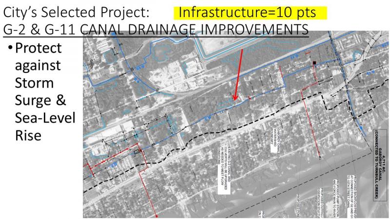 City’s selected project, infrastructure=10 pts. G-2 and G-11 canal drainage improvements. Protect against storm surge and sea-level rise.