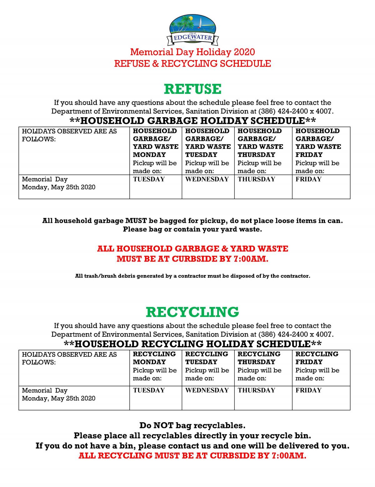 Memorial Day HolidayRefuse & Recycling Schedule City of Edgewater