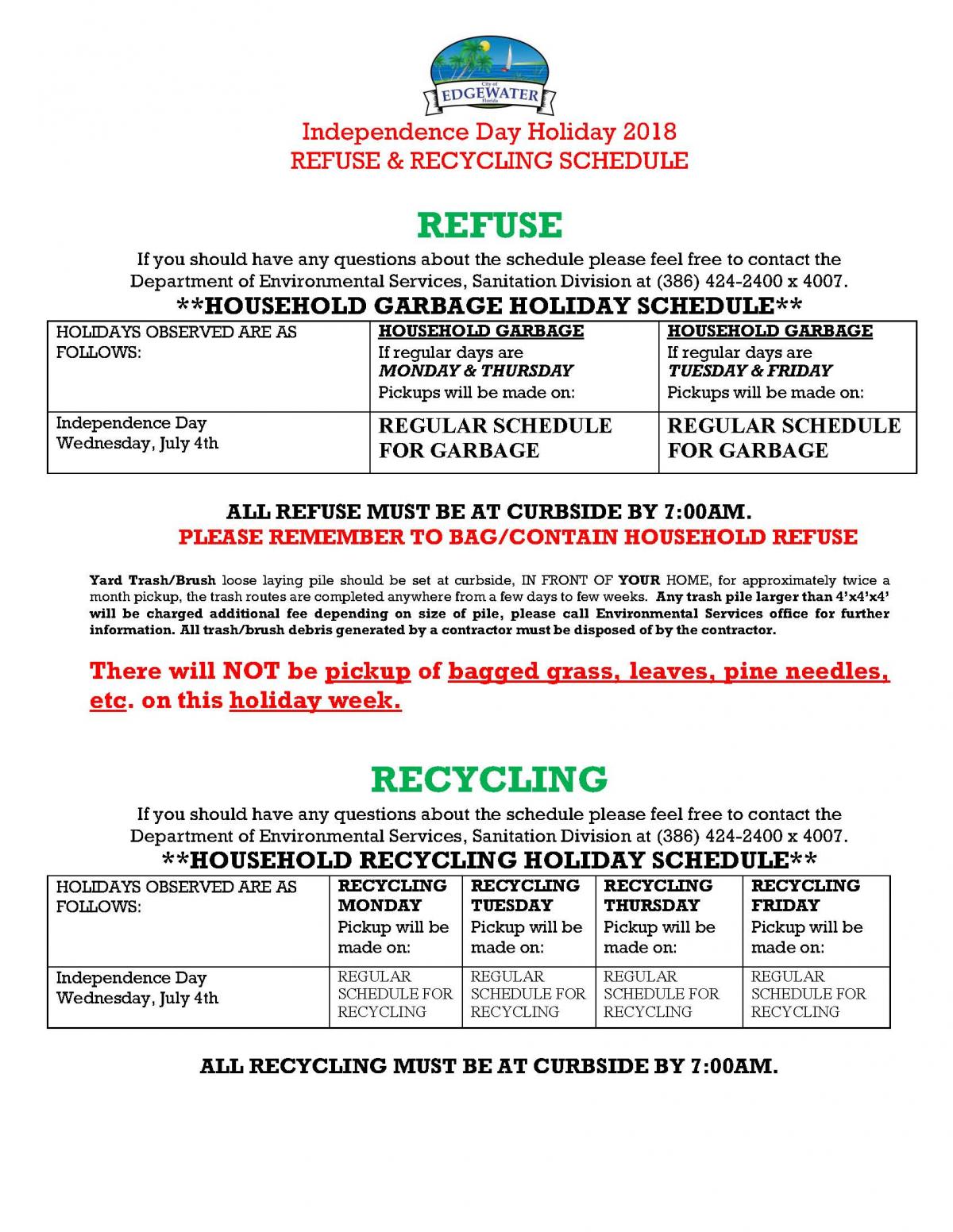 Refuse & Recycling Holiday Schedule-Independence Day | City of
