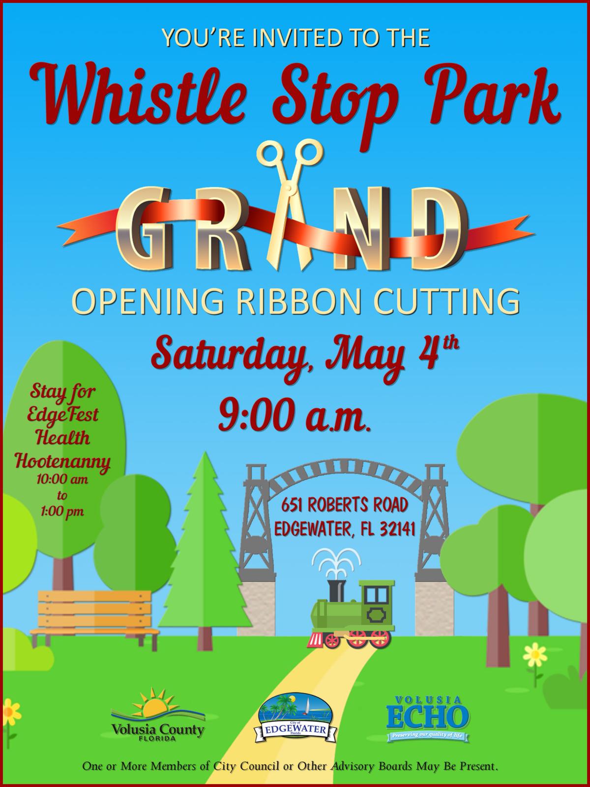 Whistle Stop Park Grand Opening Celebration, May 4th Starting at 9:00 a.m.  Stay for EdgeFest Health Hootenanny 10 am to 1 pm.